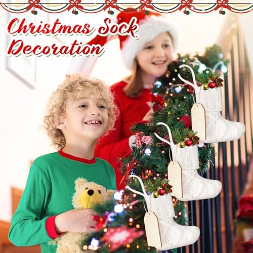 Suhine 36 Set Mini Christmas Knitted Stockings 6'' Neutral Christmas Stocking Rustic Modern Farmhouse Xmas Tree Decor with Wooden DIY Tags Gifts Bulk for Holiday Mantel Party Favor(White) - Image 4