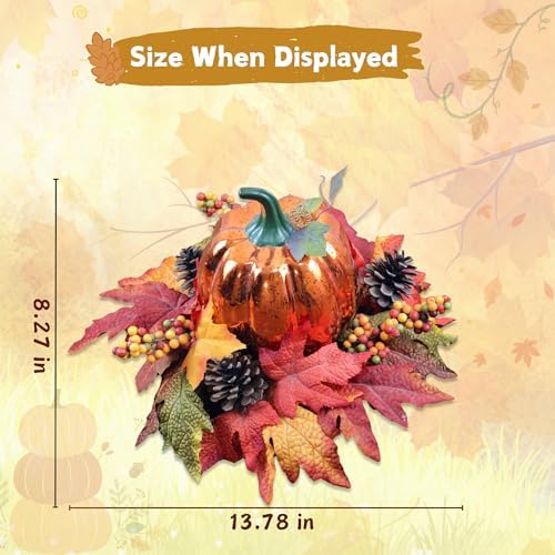 Lighted Pumpkin Fall Decor – LED Thanksgiving Decoration with Faux Maple Leaves, Berries, and Pinecones, Autumn Harvest Centerpiece for Table, Indoor and Outdoor Home Display - Image 5