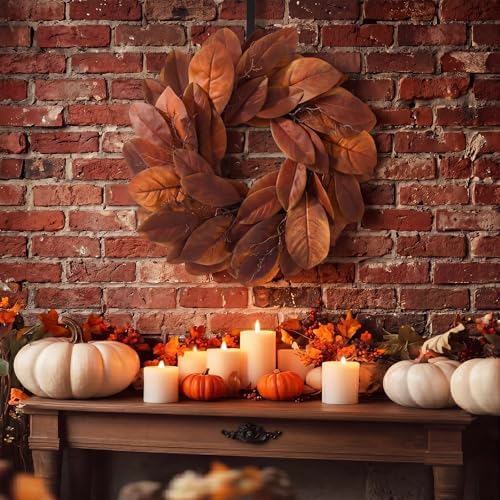 Yunlly 1 Pcs 20'' Fall Wreath Artificial Magnolia Leaves Wreath Front Door - Image 4