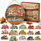 16/14/12PCS Welcome Sign for Front Door Interchangeable Every Season Halloween Christmas with Holiday 12 Inch Wooden Holiday Door Sign Wreaths Seasonal Porch Decor Gift(Set D) by Unknown