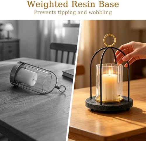 Hurricane Glass Candle Holder with Resin Base, Pillar Candle Lantern Black - Image 4