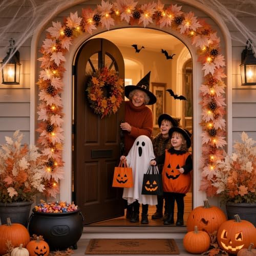 Fall Decorations for Home 9FT Fall Garlands with Lights Large Maple Leaves with Berries and Pinecones Plug in 50 Warm Incandescent Bulbs for Indoor Outdoor Autumn Halloween Harvest Decorations(2Packs) - Image 4