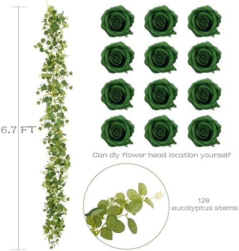 1 Pack Artificial Garland Eucalyptus Vine with 12 Roses for Home Decor Wedding Table Runner Centerpiece DIY Wreath Decor (Green) - Image 5
