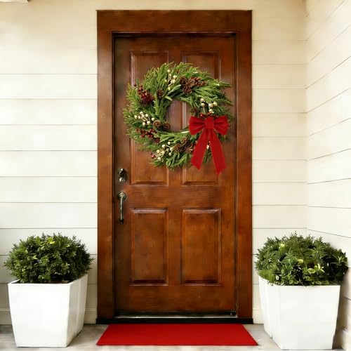 26" Norfolk Pine Wreath, Large Greenery Wreath for Front Door, Green Year Round Real Touch Artificial Greenery Wreath for Wall Porch Rustic Farmhouse Home Decor, with Lights, Red Bow, FF10 - Image 4
