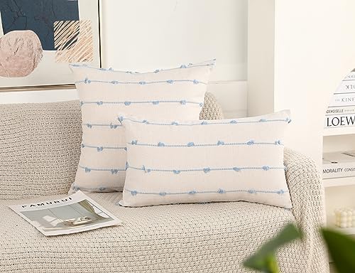 NUYECY Set of 2 Boho Throw Pillow Covers 26x26,Light Blue and White Neutral Couch Pillow Case with Tassel Fringe Decorative,Modern Accent Farmhouse Cushion Covers for Sofa Couch Bed Living Room - Image 2