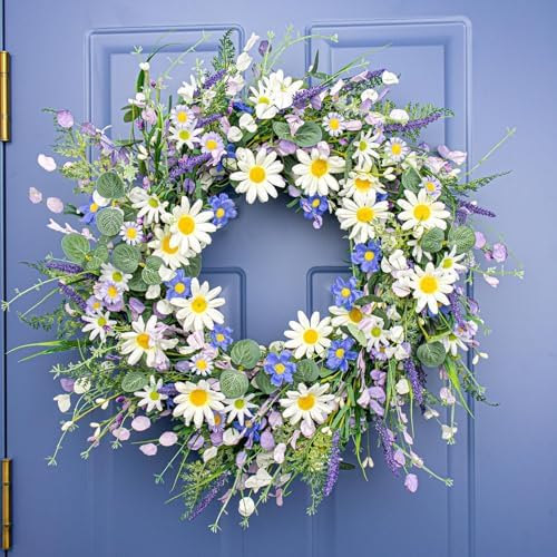 28 Inch Large Summer Wreaths for Front Door Summer Door Wreath Spring Floral Wreath with White Sunflower Lanvender Wildflowers for Indoors Outdoor Home Decorations - Image 3
