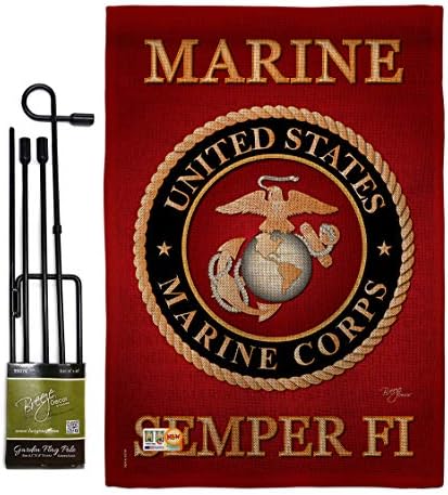 Marine Corps Burlap Garden Flag - Set with Stand Armed Forces USMC Semper Fi United State American Military Veteran Retire Official - House Banner Small Yard Gift Double-Sided Made In USA , Garden Flag 13"x 18.5" by Breeze+Decor