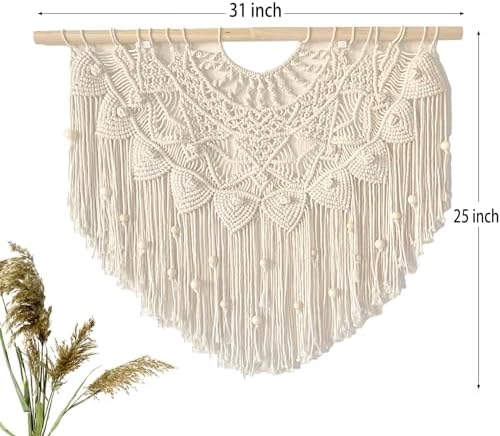 Youngeast Large Macrame Wall Hanging Boho Beaded Curtain for Window Macrame Bedroom Headboard Living Room Wall Art Tassel Tapestry Bohemian Woven Wall Decor 31" W X 25" H (Beige) - Image 2