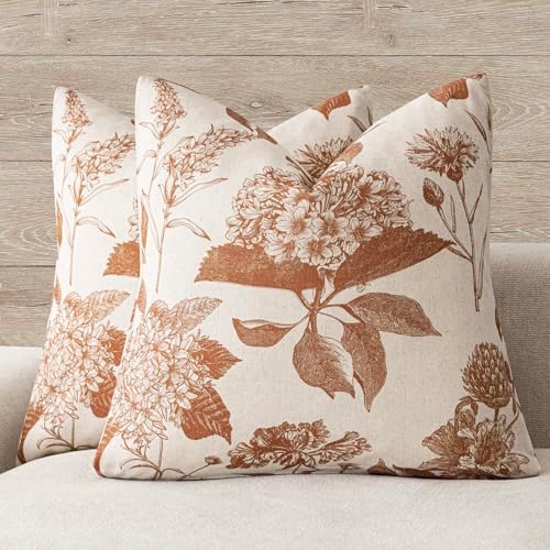 Foindtower Set of 2 Linen Floral Throw Pillow Covers Vintage Accent Print Decorative Cozy Cushion Covers Farmhouse Boho Home Decor for Sofa Chair Couch Bedroom Living Room,24×24 Inch,Autumn Orange by Foindtower