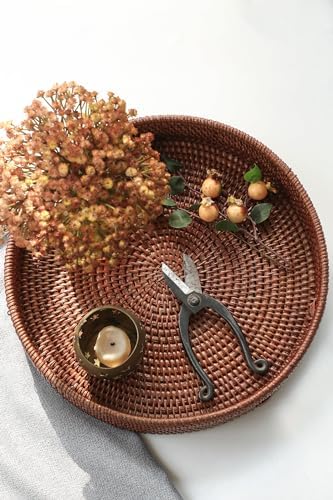 HITOMEN 14.2" Hand-Woven Round Rattan Serving Tray Decorative Ottoman Wicker Platter with Handles for Coffee Table, Breakfast, Drinks, Snack, Bread, Fruit, Vegetables (Brown - L) - Image 4