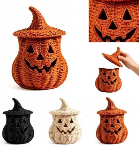 TREBIN 11'' Wicker Pumpkin Lantern Halloween Decor, Handwoven Rattan Halloween Candy Basket Jack O Lantern Candle Holder, Rustic Witch Hat Pumpkin Decoration for Tabletop Porch Mantel (Single-Black) - Image 7