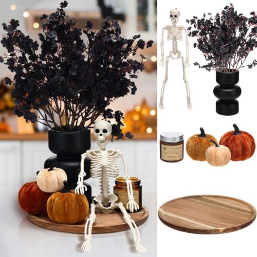 Pinkunn 13 Pcs Halloween Wood Tray Centerpiece Black Vase Skeleton Pumpkin by Pinkunn
