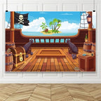 Leowefowa Fabric Cartoon Pirate Photo Backdrop 10x5ft Wooden Pirate Ship Deck Background Cannon and Skull Flag Backdrops for Photography Nautical Adventure Backdrops for Parties Vinyl by Leowefowa