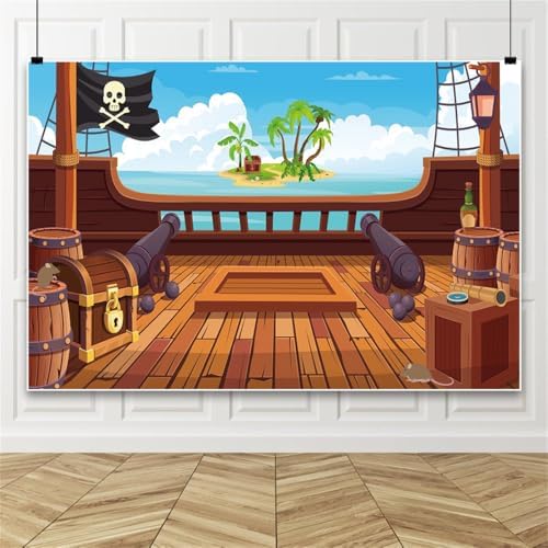 Leowefowa Fabric Cartoon Pirate Photo Backdrop 10x6.5ft Wooden Pirate Ship Deck Background Cannon and Skull Flag Backdrops for Photography Nautical Adventure Backdrops for Parties Vinyl by Leowefowa