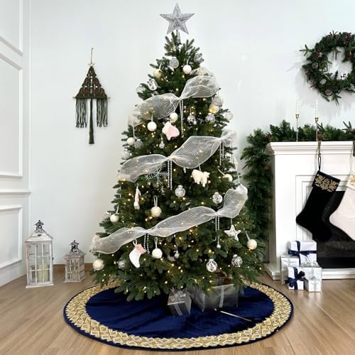 60-Inch Venetian Gilded Velvet Christmas Tree Skirt with Gold Embellished Border, Foam-Padded, Button Closure, Royal Blue - Image 2