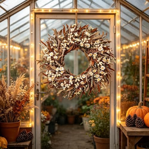Handmade Fall Wreath for Front Door, 24 Inch Autumn Wreath with Eucalyptus Leaves & Cream White Flowers, Grapevine Wreath, Rustic Thanksgiving Decor for Indoor Outdoor Porch Wall Home Entryway - Image 5