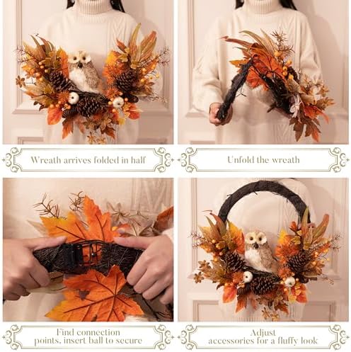 Valery Madelyn 24'' Collapsible Fall Wreath for Front Door with Owl Pumpkin - Image 5