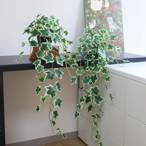 Fake English Ivy Plants in Pots Set of 2 – Realistic Artificial Ivy Greenery for Home Decor, Tabletop, Office, Shelf, Balcony, Lifelike Faux Hanging Vines, No Maintenance Required - White and Green - Image 5