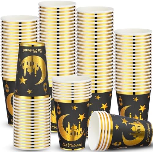 Domensi 100 Pack Eid Mubarak Paper Cups Gold Foil Disposable, Black by Domensi