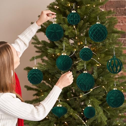 30pcs Velvet Christmas Ball Ornaments, Flocked Shatterproof Christmas Ornaments Hanging Xmas Tree Decorations Set for Home Party Holiday Decor (Multi-Size, Dark Green) - Image 6