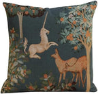 Medieval Unicorn and Does Forest Blue Tapestry Throw Pillow Cover 19 x 19in by CCharlotteHomeFurnishings