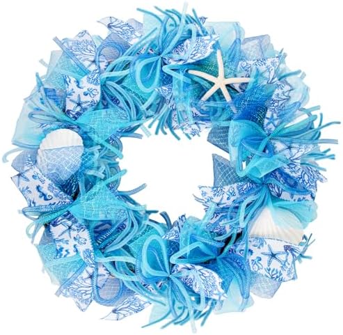 24 Inch Coastal Seashell Large Wreath with Natural Starfish & Scallops Shell, Blue Beach Style Front Door Wreath with for Spring Summer, Farmhouse Rustic Indoor Outdoor Home Wall Wedding Decor by WeDoSoy