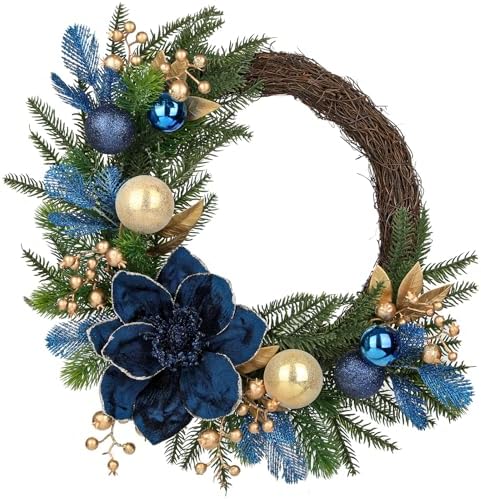 "20" Christmas Wreath for Front Door – Artificial Winter Half Wreath with Blue Velvet Maglonia Flower, Ball Ornaments, Berry Clusters for Indoor & Covered Outdoor Holiday Christmas Decoration "