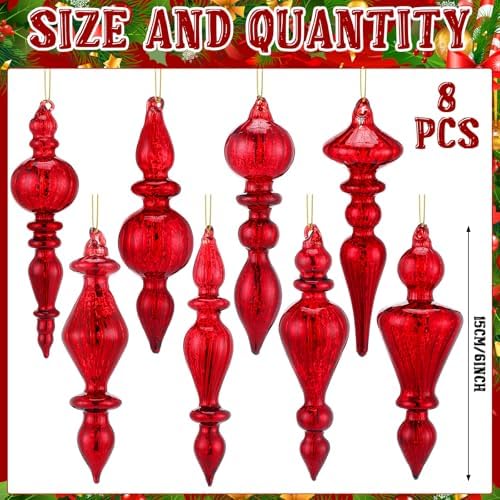Mifoci 8 Pcs 6 Inch Mercury Glass Finial Christmas Ornaments,Red - Image 2
