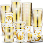 Domensi 100 Pack Eid Mubarak Paper Cups Gold Foil Disposable, White by Domensi