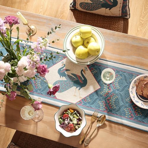 bilingaier Vintage Blue Peacock Small Table Runner for Table,Decorative Linen 102 Inches Long Table Runners,Decor Tabletop for Kitchen,Dining,Tea Party,Home,Christmas,12"x102" - Image 4