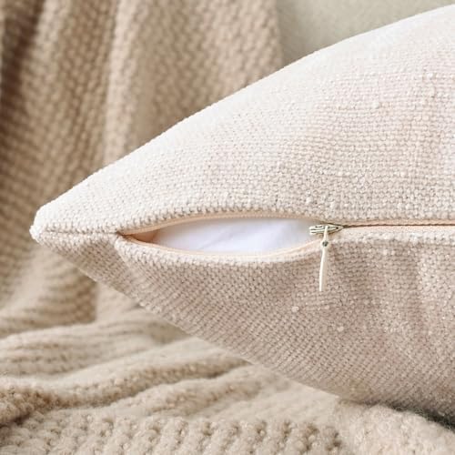 Set of 4 Soft Textured Decorative Throw Pillow Covers 24x24 Inch Cozy Farmhouse Cushion Cover Square Accent Pillow Cases for Bed Couch Sofa Living Room, Light Beige - Image 3