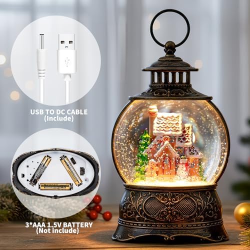Christmas Snow Globe Lighted Gingerbread House Scene, Musical Snow Water Lantern Swirling Glittering Home Decoration and Gift, Battery Operated or USB Powered - Image 3