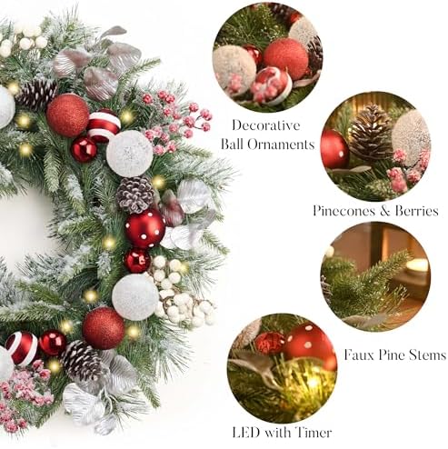 Valery Madelyn 24" Pre-Lit Christmas Wreath for Front Door with Light - Image 5