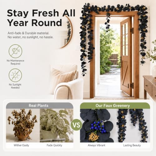 4 Pcs 6Ft Artificial Eucalyptus Garland, Faux Eucalyptus Plants Black Leaves Fake Vines for Halloween Table Home Wedding Mantle Party Indoor Outdoor Decor - Image 4