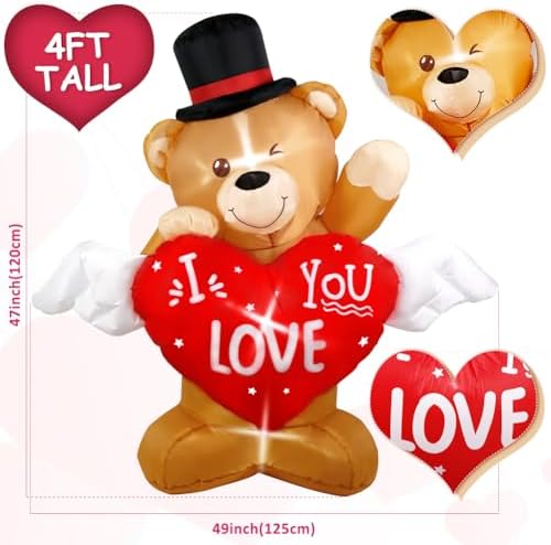 AerWo 4 FT Valentines Day Outdoor Decoration Inflatable Teddy Bear with Love Heart, Valentines Blow Up Yard Decorations with Build-in LED Lights Sweet Valentines Gift for Home Wedding Party Décor - Image 2