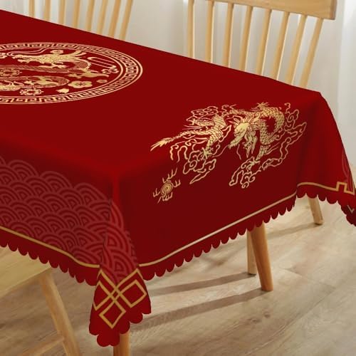 54x108inches Chinese Zodiac Dragon Lunar Tablecloth Happy Chinese New Year Asian Golden Dragon Cloud Print Table Cloth Washable and Reusable Fabric Table Cover for Kitchen Dining Home Decor - Image 5