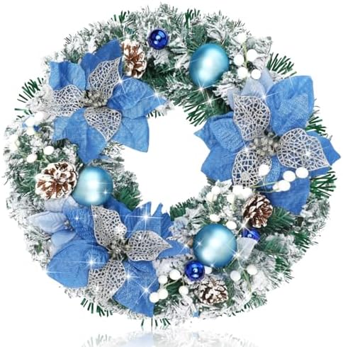 Knitgrip Blue Flower Pre-Lit Christmas Wreaths for Front Door by Knitgrip