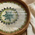 Boho Handwoven Rattan Tray with Mother of Pearl Inlay, 35cm Round Decorative Tray, Wooden Base Serving Tray for Breakfast, Vanity, Coffee Table & Wall Hanging Decor (Size:Big, Pattern:GreenSun) - Image 4