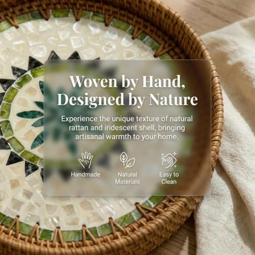 Boho Handwoven Rattan Tray with Mother of Pearl Inlay, 35cm Round Decorative Tray, Wooden Base Serving Tray for Breakfast, Vanity, Coffee Table & Wall Hanging Decor (Size:Big, Pattern:GreenSun) - Image 4