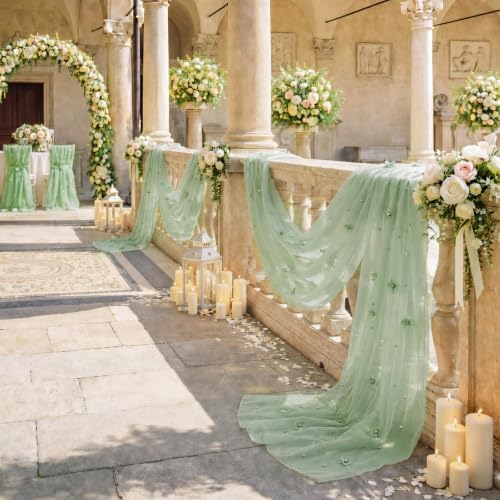 6 Pcs 29x120'' Pearl Tulle Table Runner 10ft Wedding Tablecloth, Sage Green - Image 6