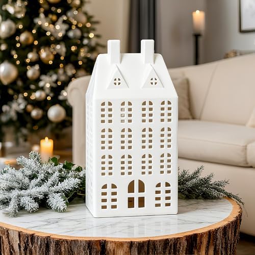 DN DECONATION Light Up Christmas Village House, White Ceramic House Decor - Image 5
