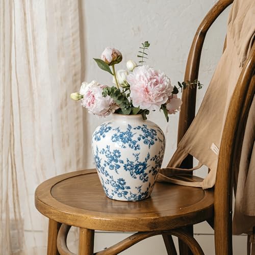 Blue and White Vase, 8 Inch Vintage Chinoiserie Ceramic Vase, Rustic Flower Vases Decorative Antique Vases for Home Decor, Retro Ice Cracked Porcelain Farmhouse Table Centerpieces Decor - Image 4