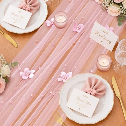 Fanqisi Dusty Rose Pearl Table Runner Floral Tulle Gauze Runner 10FT 8 Pack - Image 6