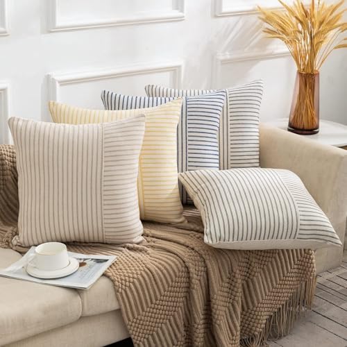 YCOLL Farmhouse Euro Sham Pillow Covers 26x26, Modern Throw Pillow Covers Set of 2, Navy and Beige Striped Patchwork Linen Decorative Pillows Cushion Covers for Bed Sofa Couch Living Room Home Decor - Image 3