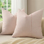 Christmas Euro Sham Pillow Covers 24x24, Modern Throw Pillow Covers Set of 2, Red and Beige Striped Patchwork Linen Decorative Pillows Cushion Covers for Bed Sofa Living Room Christmas Decorations by PillowCoversExpert