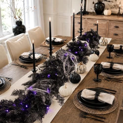 Pre-lit Halloween Garland Decorations Black Real Touch Cedar Cypress with Berry & Spider & Spiderweb Halloween Garland for Mantle, Fireplace, Table, Stairs, Door, Indoor Outdoor Decor, 9FT - Image 2
