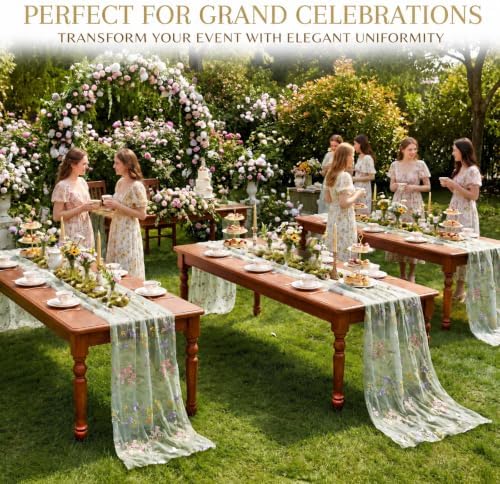 Floral Table Runner 10ft Embroidery Tulle Spring Wildflower Gauze Table Runner Seasonal Summer Butterfly Kitchen Dining Decoration for Wedding Baby Shower Birthday Party(Sage Green,10 Pcs) - Image 3