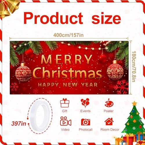 Christmas Garage Door Banner – Red Holiday Mural Cover with Gold "Merry Christmas and Happy New Year" Text, Ornaments, Snowflakes, and Pine Decor – Outdoor Xmas Decoration for Garage or Porch - Image 2