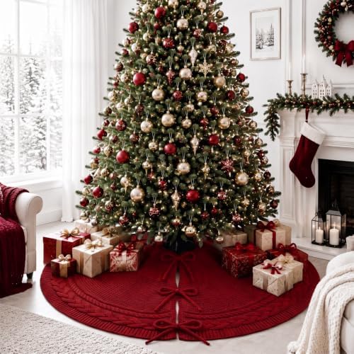 Hollowfly 48 Inch Burgundy Christmas Tree Skirt for 7.5ft Tree Cable Knit - Image 2