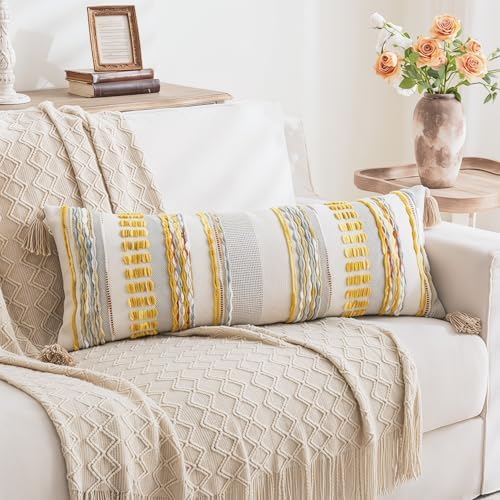 NUYECY Chenille and Cotton Long Pillow for Bed, Striped Textured Boho Lumbar Throw Pillow Cover 12x36, Neutral Accent Decorative Extra Long Body Pillow Case for Couch, Sofa, Bedroom, Yellow-Grey - Image 5